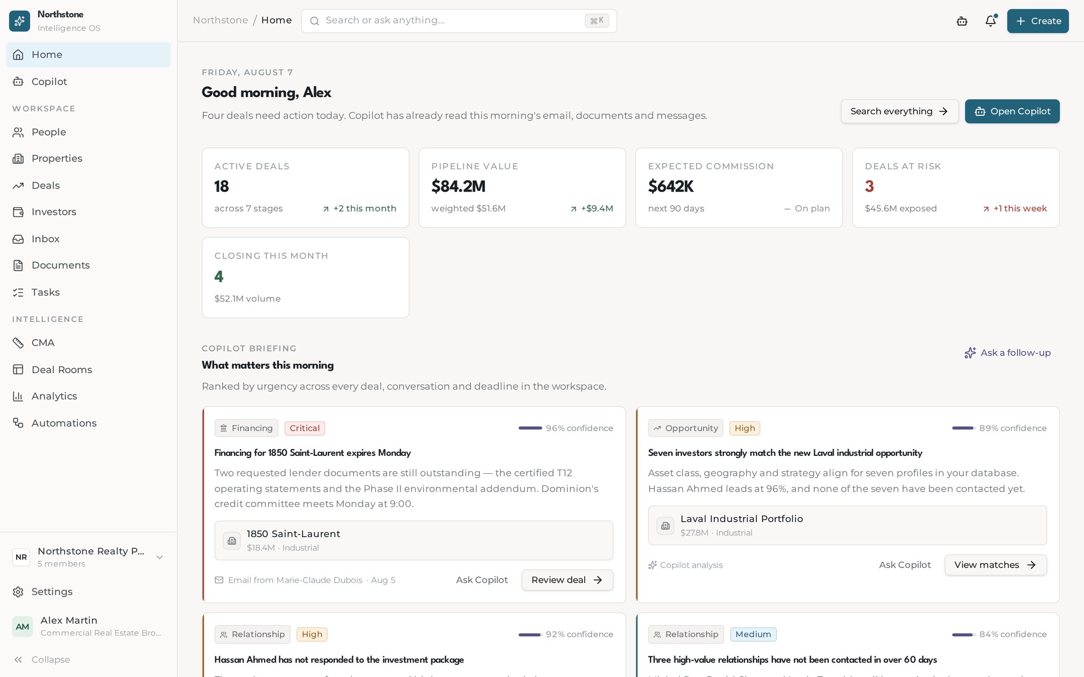 Northstone sample home briefing showing deal priorities and portfolio context